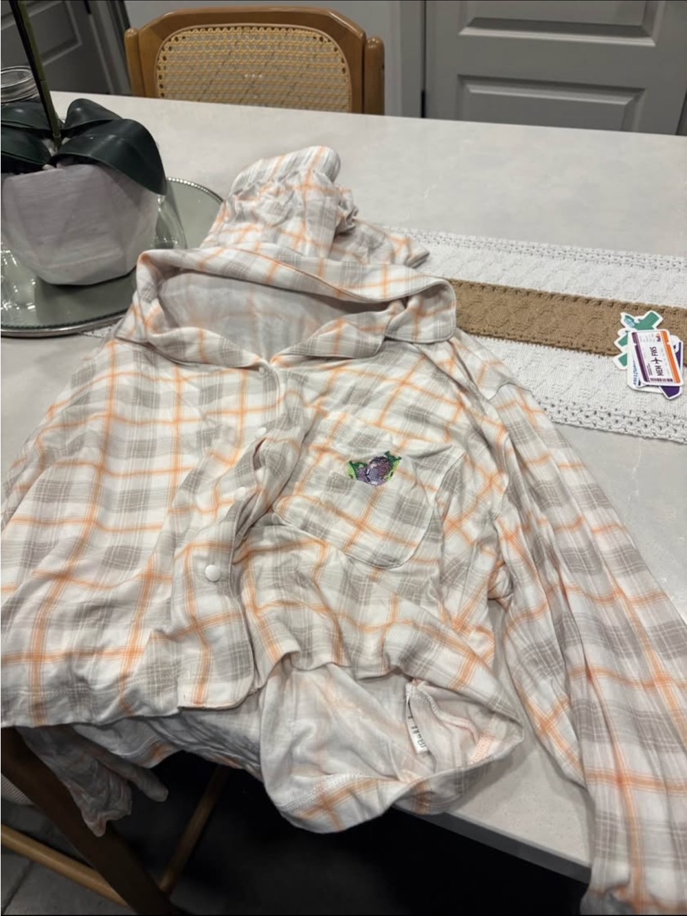 Dairy Boy Women’s Plaid Pajama Set in Cream and Light Orange - Picture 3 of 3